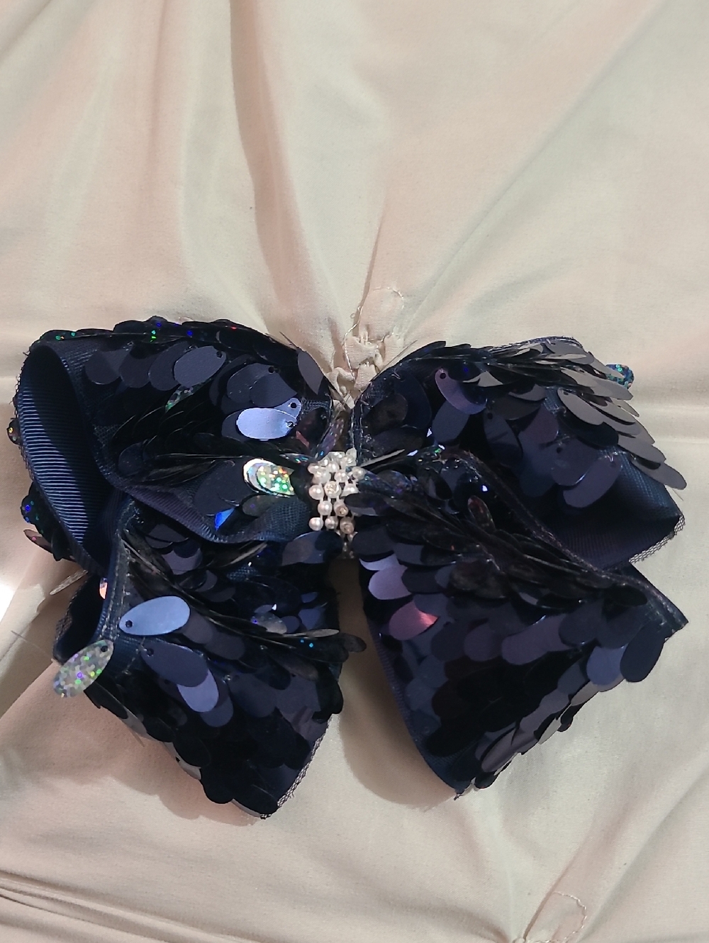 Navy Sequin Bow Hair Clip with Pearl Center